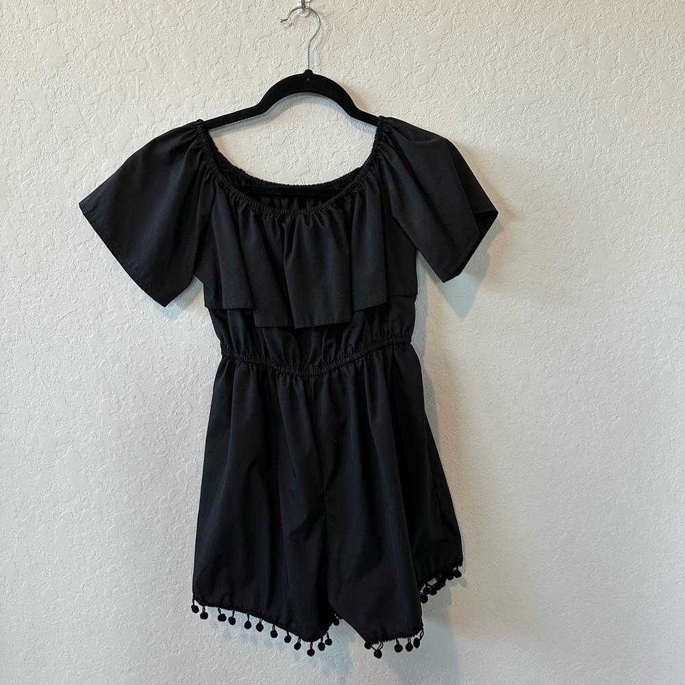 Black Off-Shoulder Romper with Pom Pom Trim
